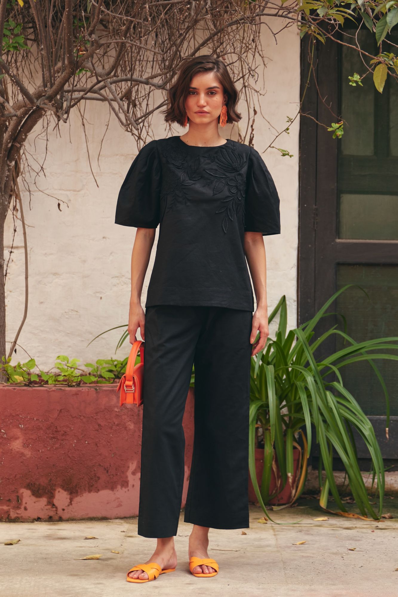 FLORENTINA SOLID BLACK EMBROIDERED LINEN TOP AND PANTS SUMMER CO-ORDINATE