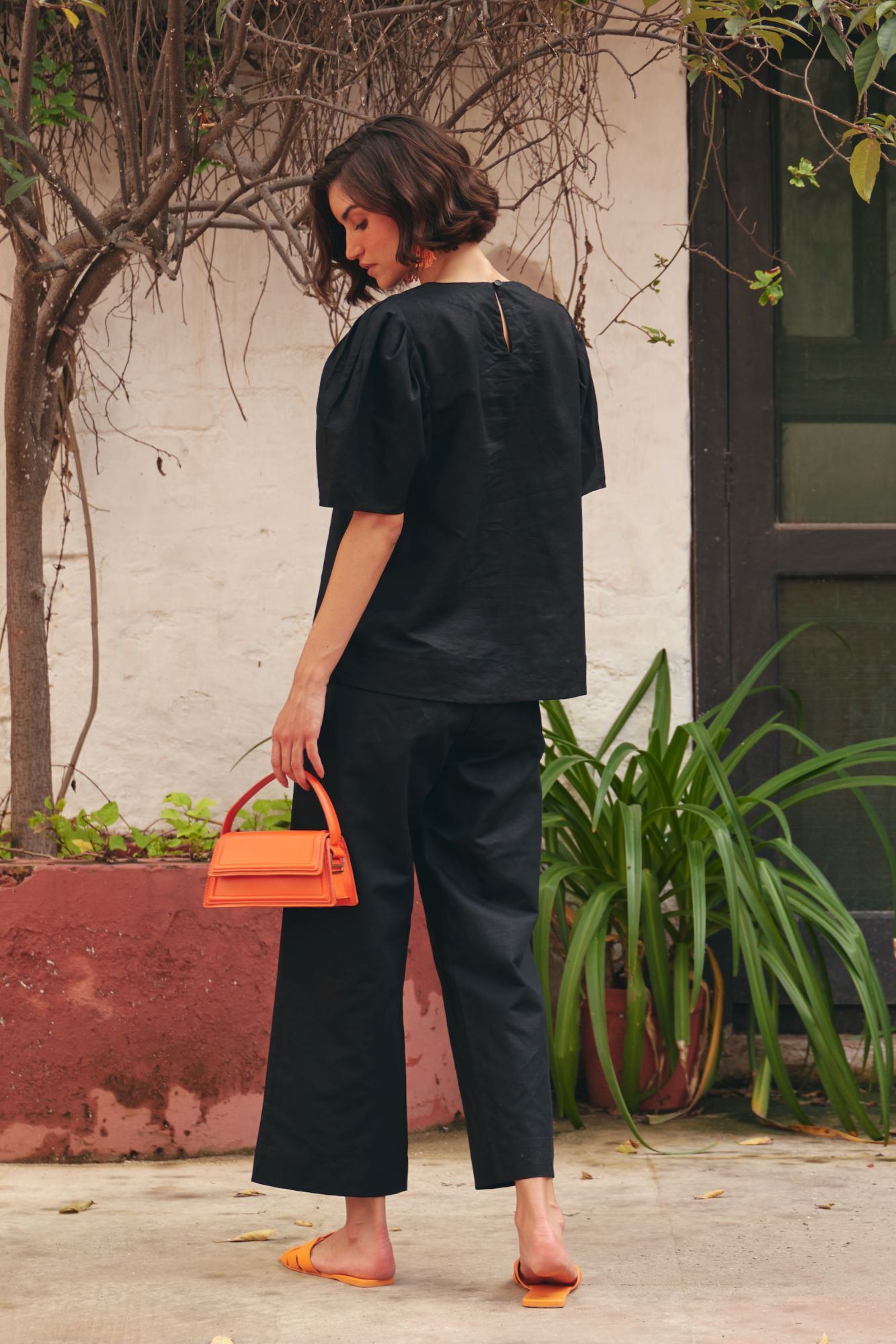 FLORENTINA SOLID BLACK EMBROIDERED LINEN TOP AND PANTS SUMMER CO-ORDINATE