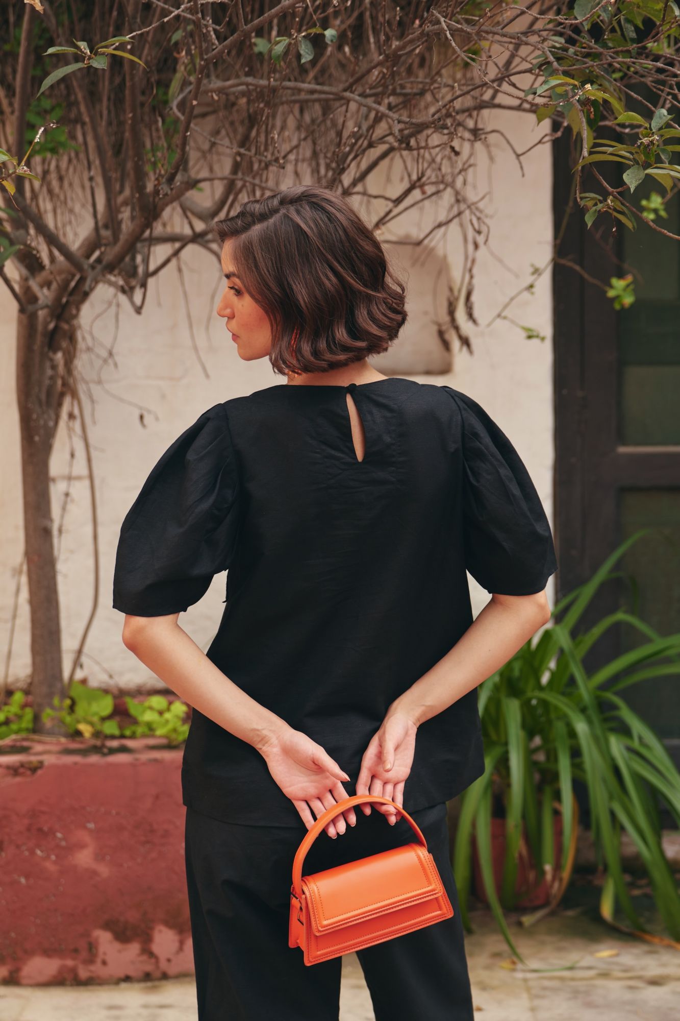 FLORENTINA SOLID BLACK LINEN TOP WITH SELF FABRIC FLOWER PATCH EMBROIDERY