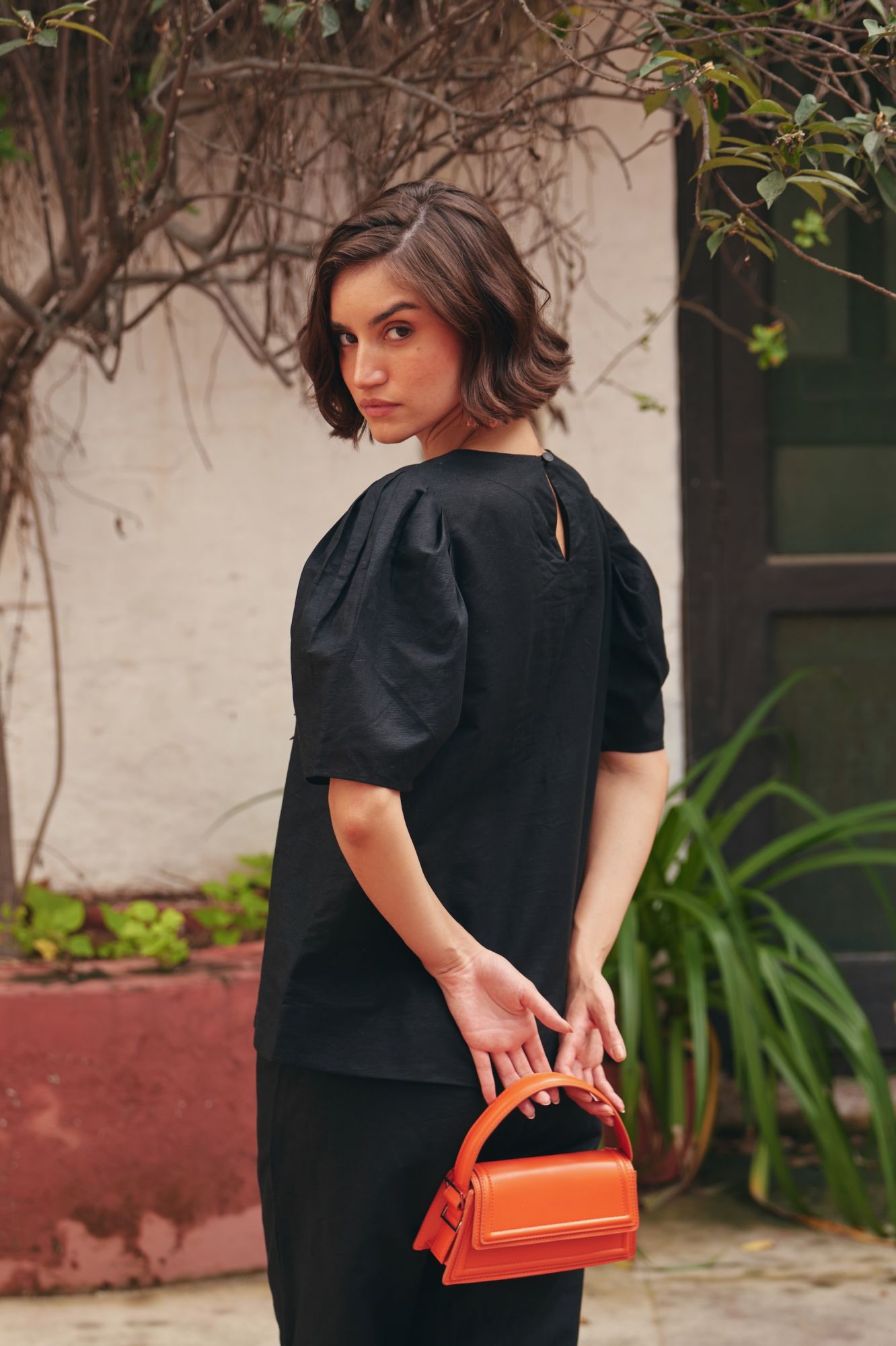 FLORENTINA SOLID BLACK LINEN TOP WITH SELF FABRIC FLOWER PATCH EMBROIDERY