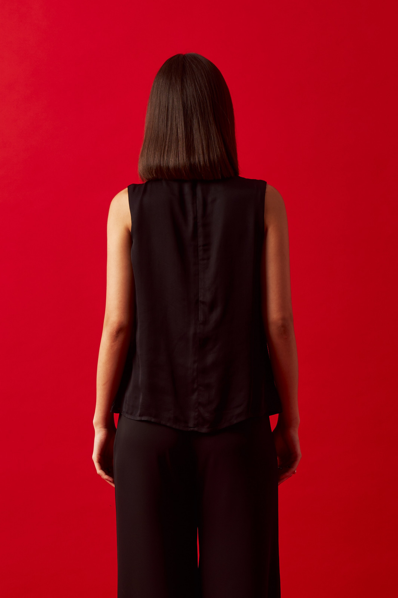 LEILA 02 BLACK SATIN SLEEVELESS TOP WITH SILVER SEQUIN EMBROIDERY