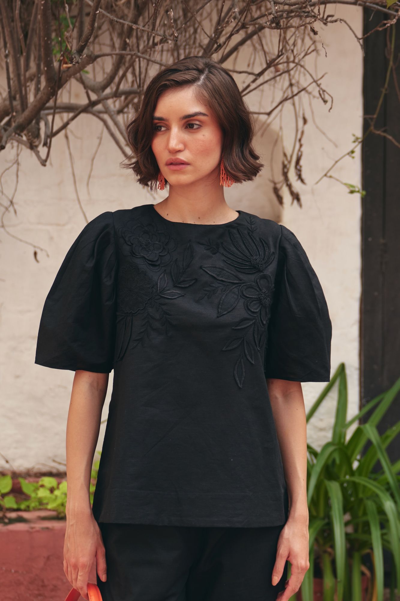 FLORENTINA SOLID BLACK LINEN TOP WITH SELF FABRIC FLOWER PATCH EMBROIDERY