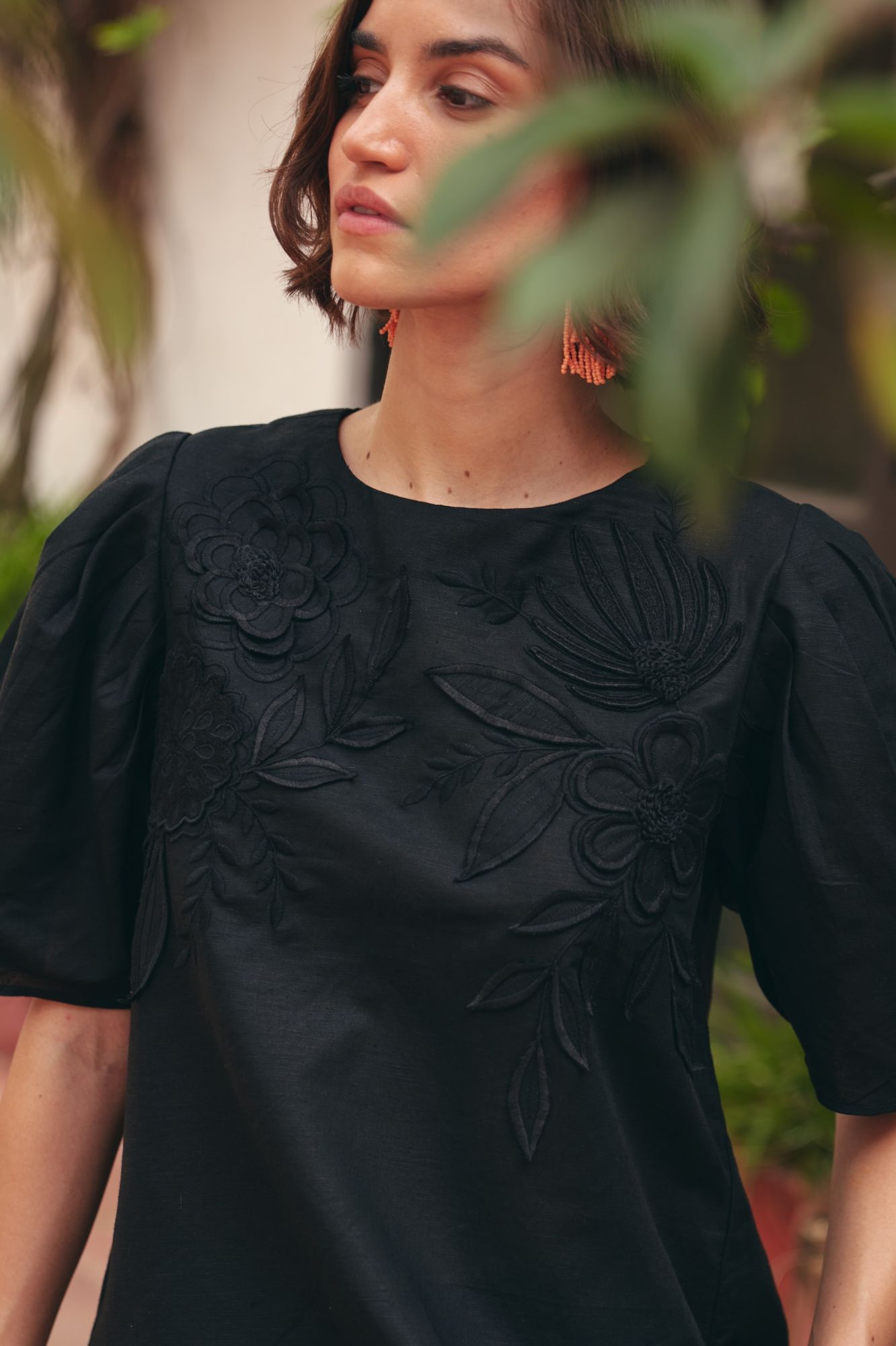 FLORENTINA SOLID BLACK LINEN TOP WITH SELF FABRIC FLOWER PATCH EMBROIDERY