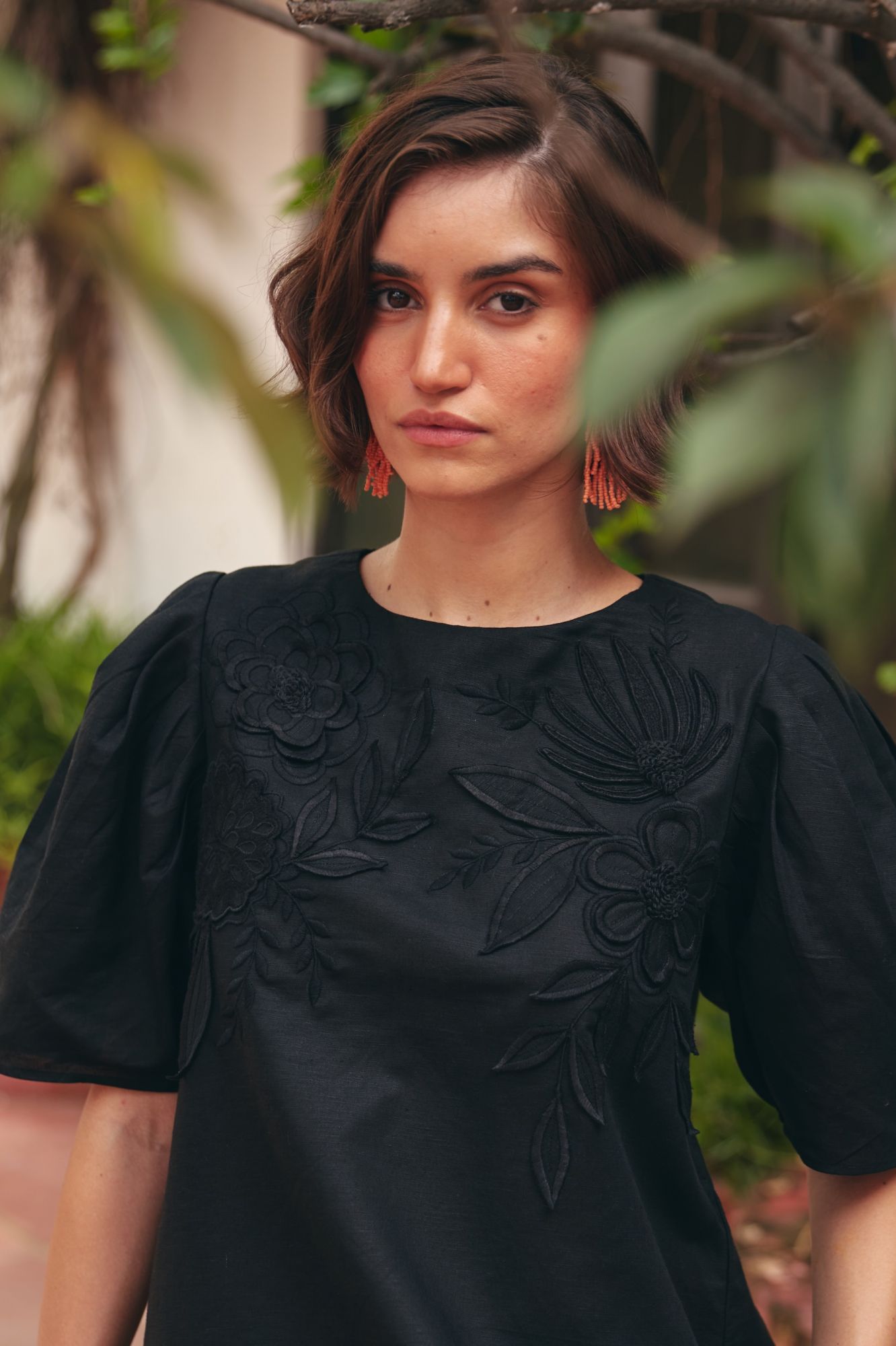 FLORENTINA SOLID BLACK LINEN TOP WITH SELF FABRIC FLOWER PATCH EMBROIDERY