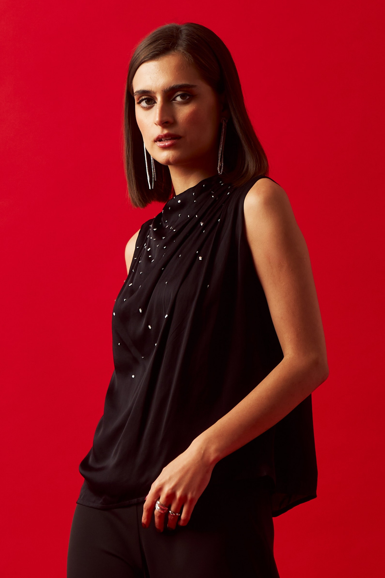LEILA 02 BLACK SATIN SLEEVELESS TOP WITH SILVER SEQUIN EMBROIDERY