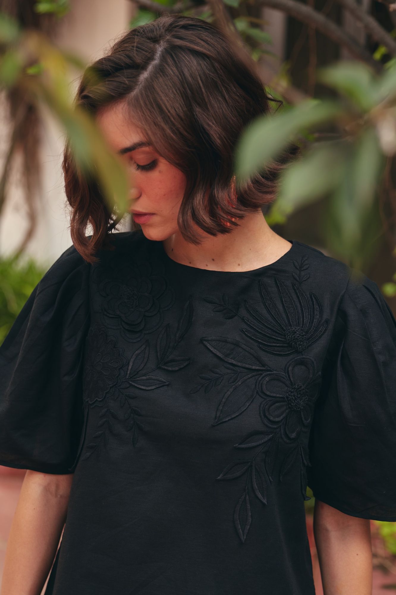FLORENTINA SOLID BLACK EMBROIDERED LINEN TOP AND PANTS SUMMER CO-ORDINATE