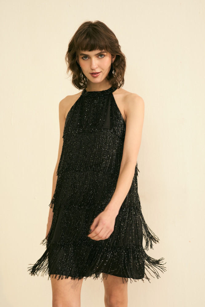 Image of SYLVIE BLACK GLIMMER BEADED FRINGE PARTY DRESS