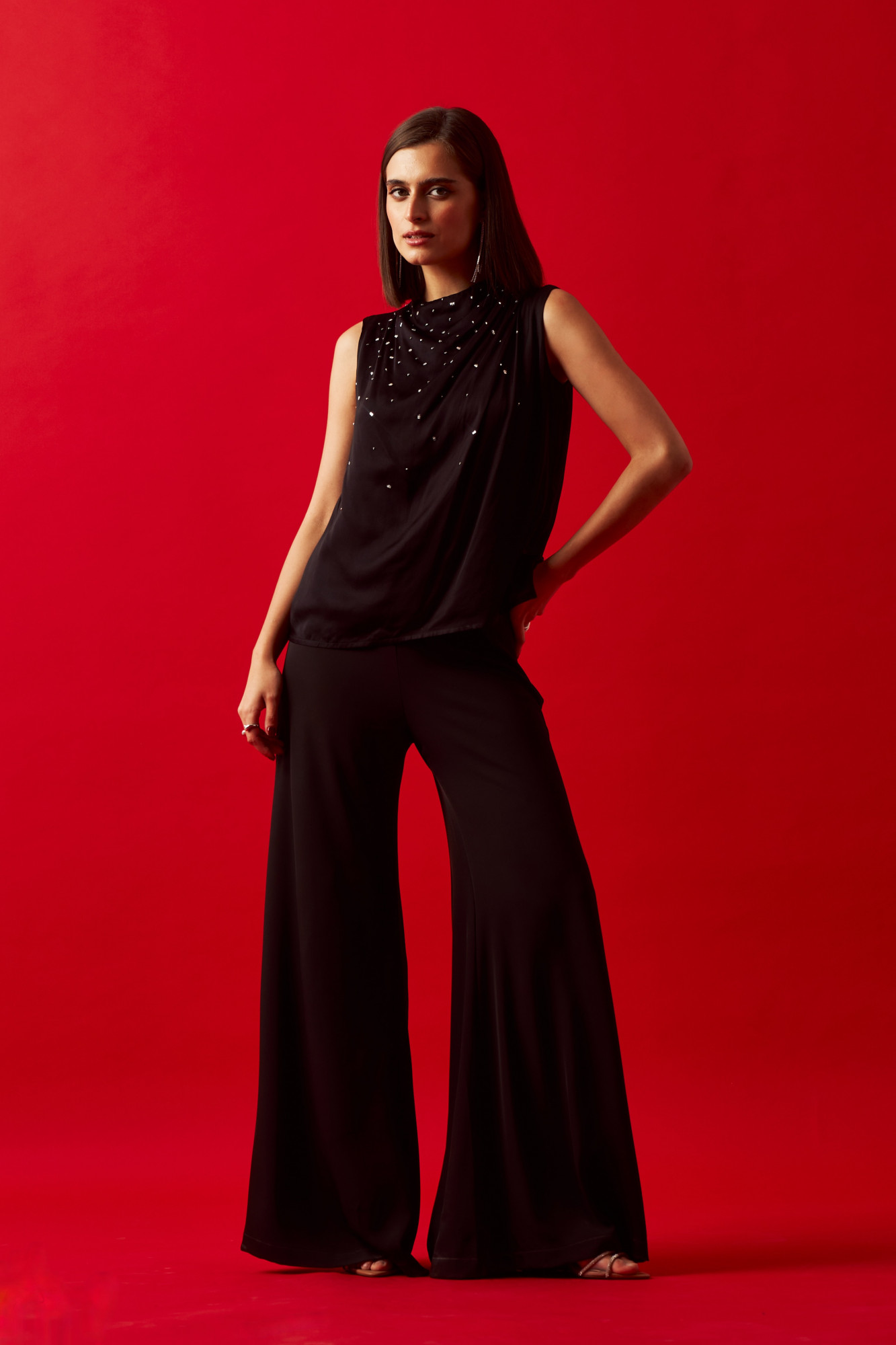 LEILA 02 BLACK SATIN SLEEVELESS TOP WITH SILVER SEQUIN EMBROIDERY