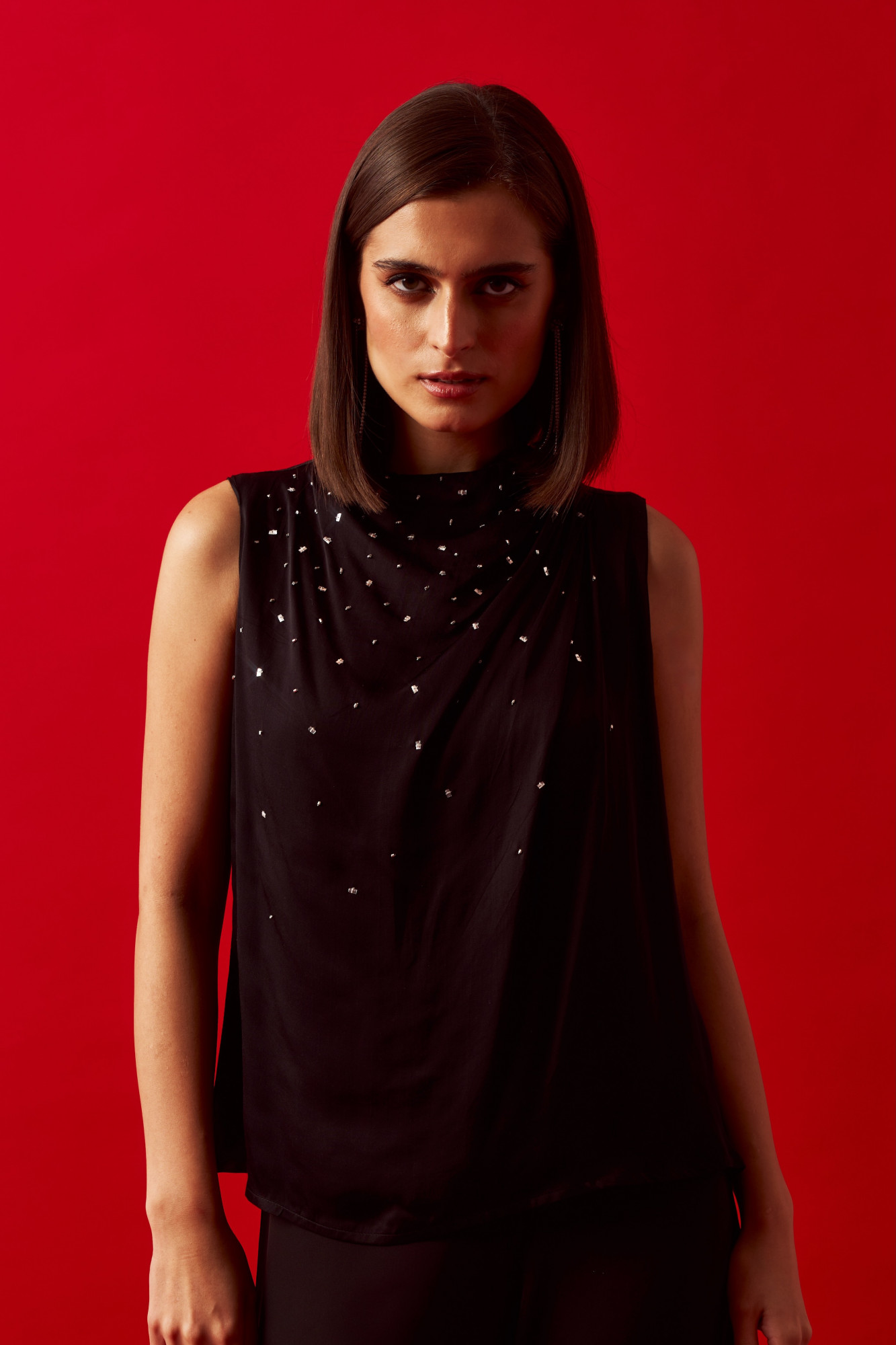 LEILA 02 BLACK SATIN SLEEVELESS TOP WITH SILVER SEQUIN EMBROIDERY