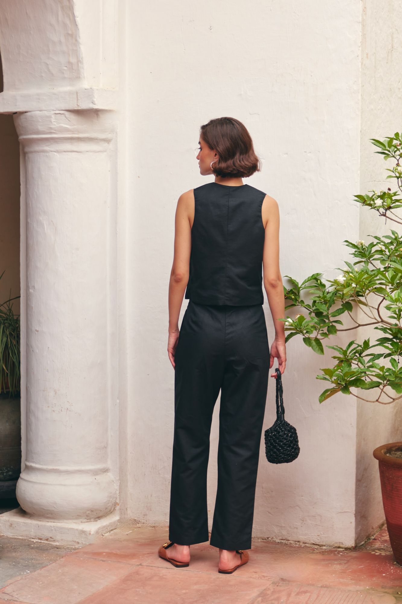 FLORENTINA SOLID BLACK COLOR LINEN FABRIC SLEEVELESS WAIST JACKET AND PANTS CO-ORDINATE