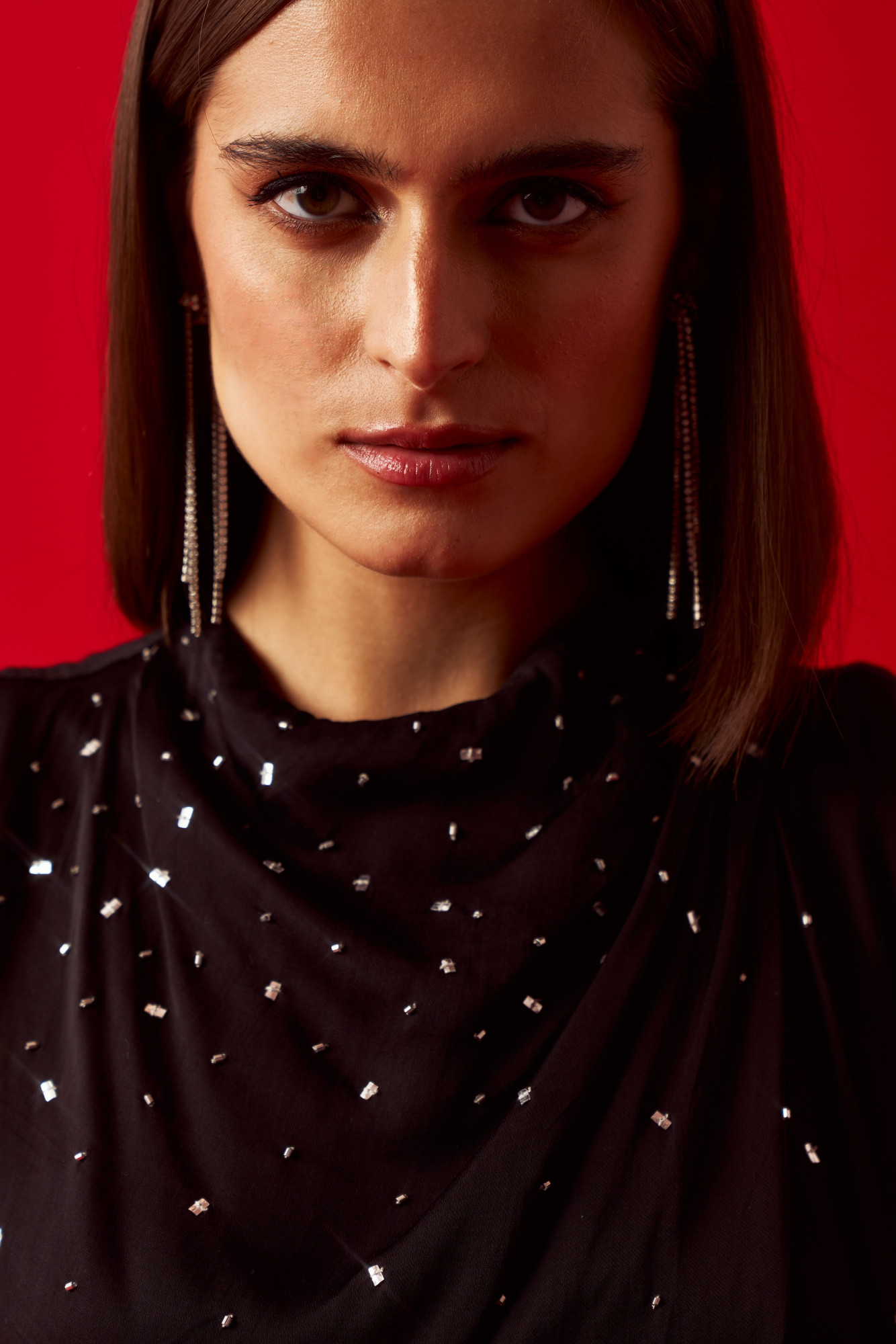 LEILA 02 BLACK SATIN SLEEVELESS TOP WITH SILVER SEQUIN EMBROIDERY