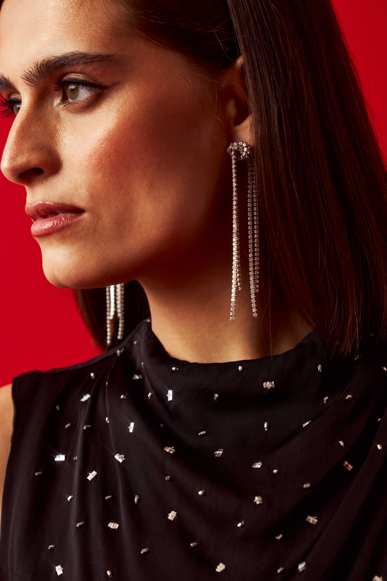 LEILA 02 BLACK SATIN SLEEVELESS TOP WITH SILVER SEQUIN EMBROIDERY