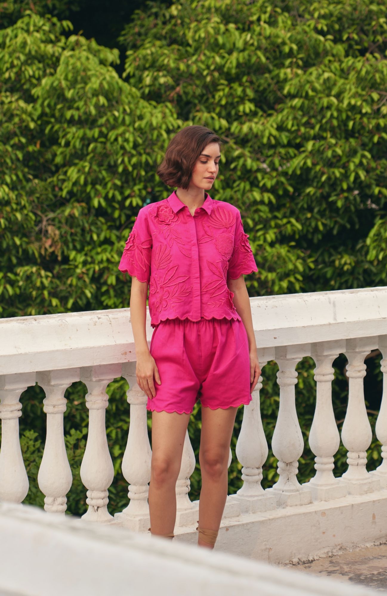 FLORENTINA FUCHSIA PINK EMBROIDERED LINEN CROP SHIRT AND SHORTS SUMMER CO-ORDINATE