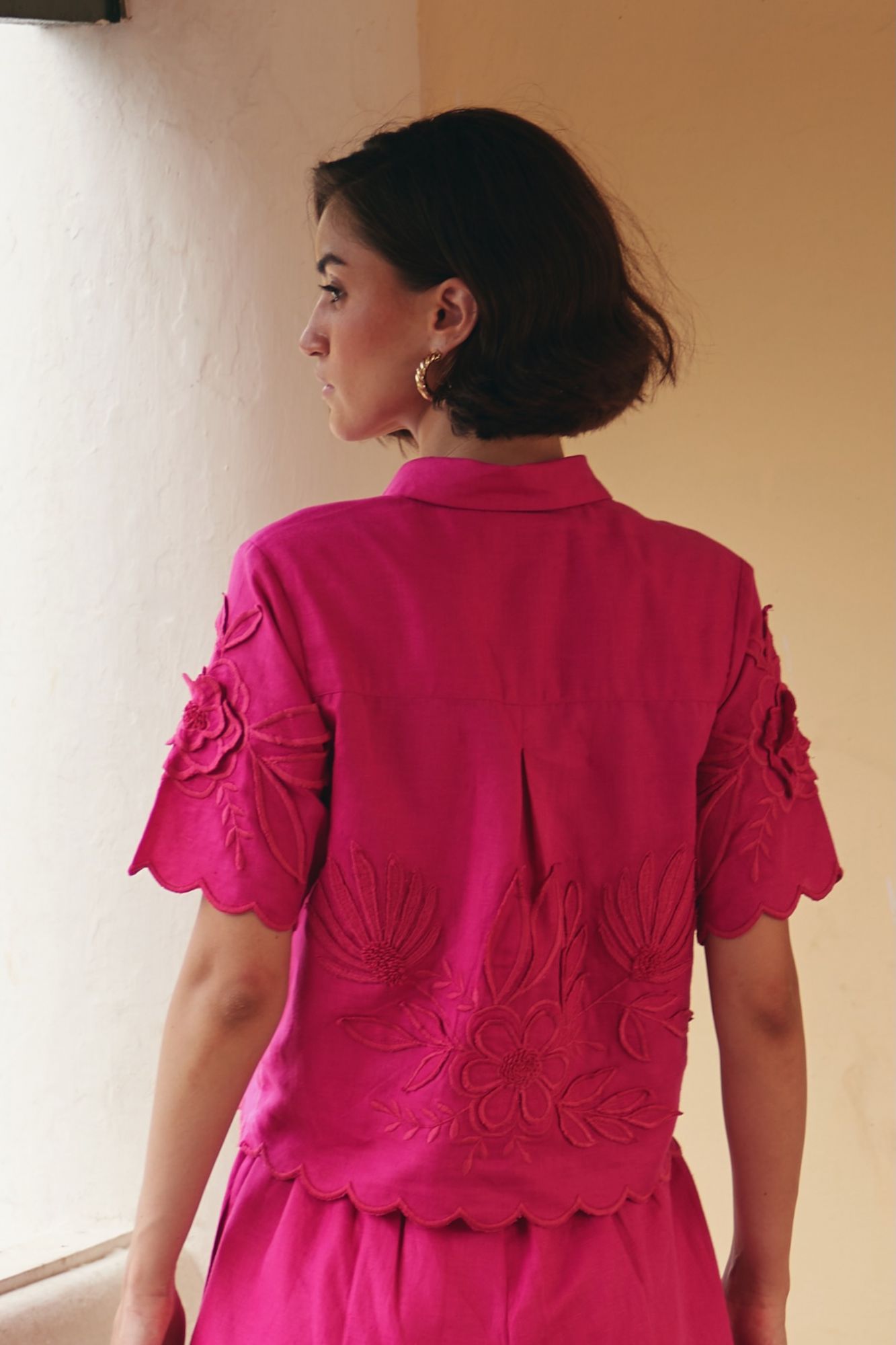 FLORENTINA SOLID FUCHSIA PINK COLOR ALL OVER FLORAL EMBROIDERY CROPPED LENGTH HALF SLEEVES SHIRT