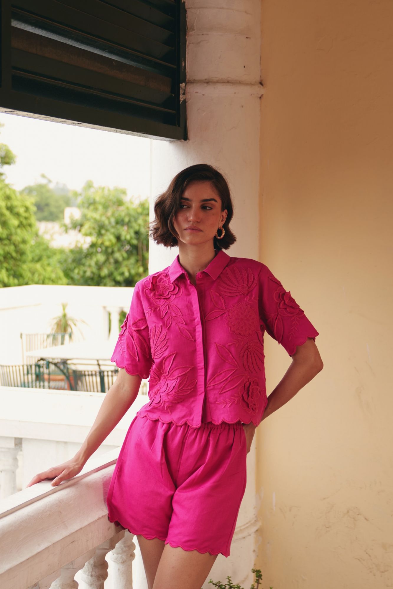 FLORENTINA FUCHSIA PINK EMBROIDERED LINEN CROP SHIRT AND SHORTS SUMMER CO-ORDINATE