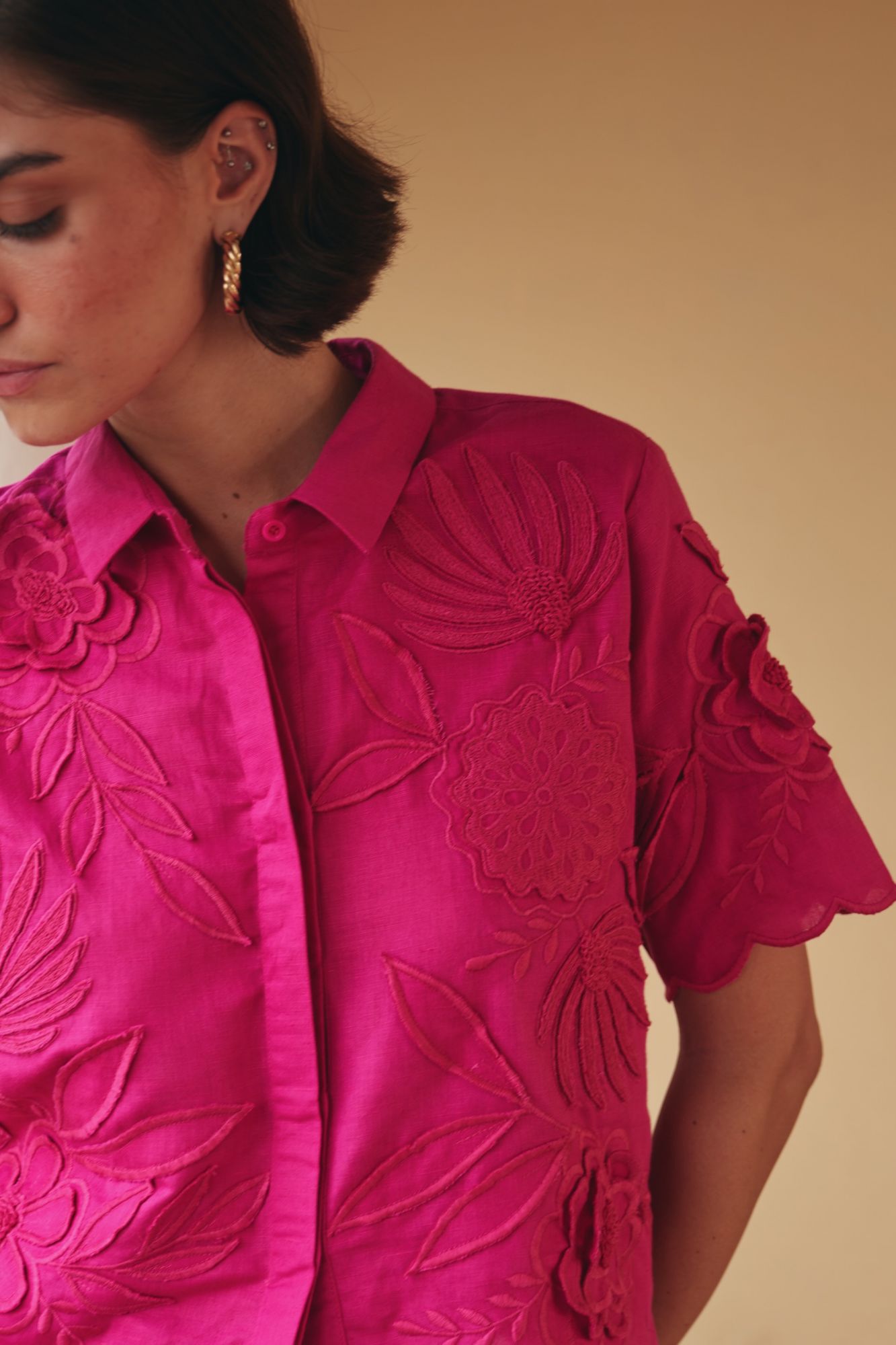 FLORENTINA SOLID FUCHSIA PINK COLOR ALL OVER FLORAL EMBROIDERY CROPPED LENGTH HALF SLEEVES SHIRT