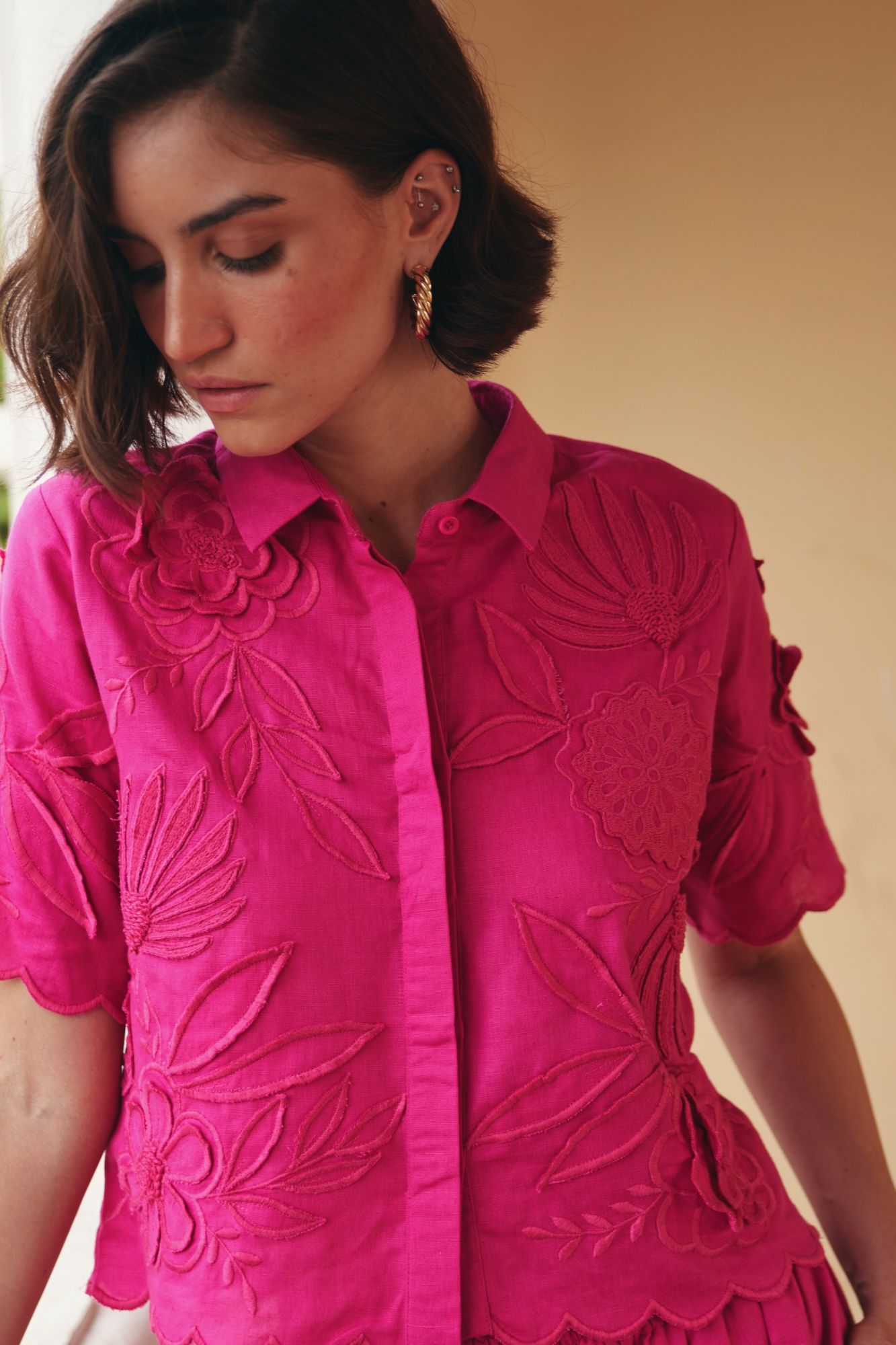 FLORENTINA SOLID FUCHSIA PINK COLOR ALL OVER FLORAL EMBROIDERY CROPPED LENGTH HALF SLEEVES SHIRT