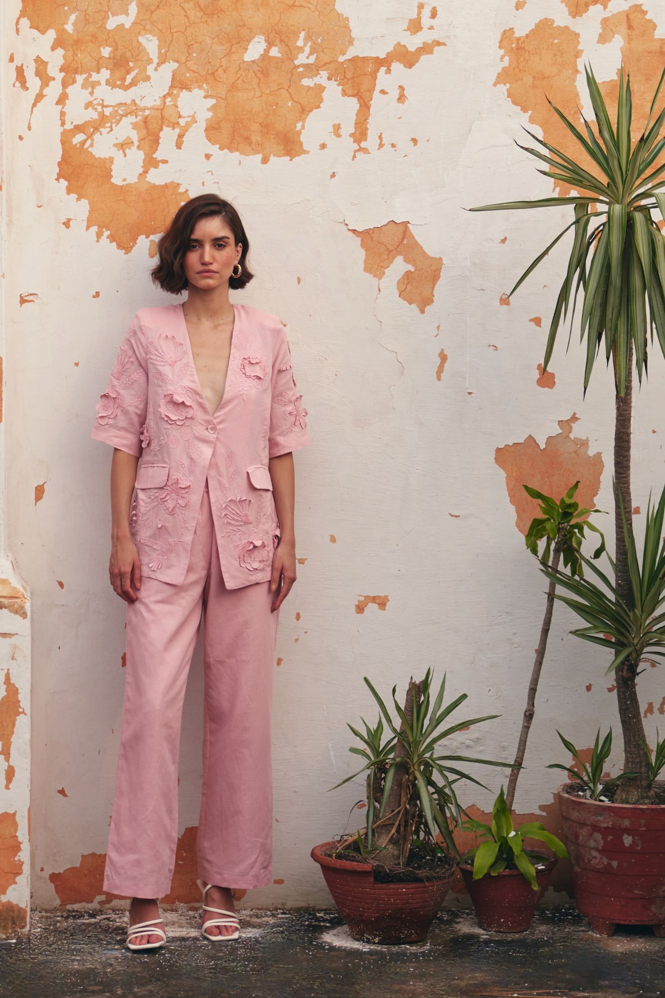 FLORENTINA LIGHT PINK COLOR EMBROIDERED HALF SLEEVES JACKET AND PANT SUMMER CO-ORDINATE