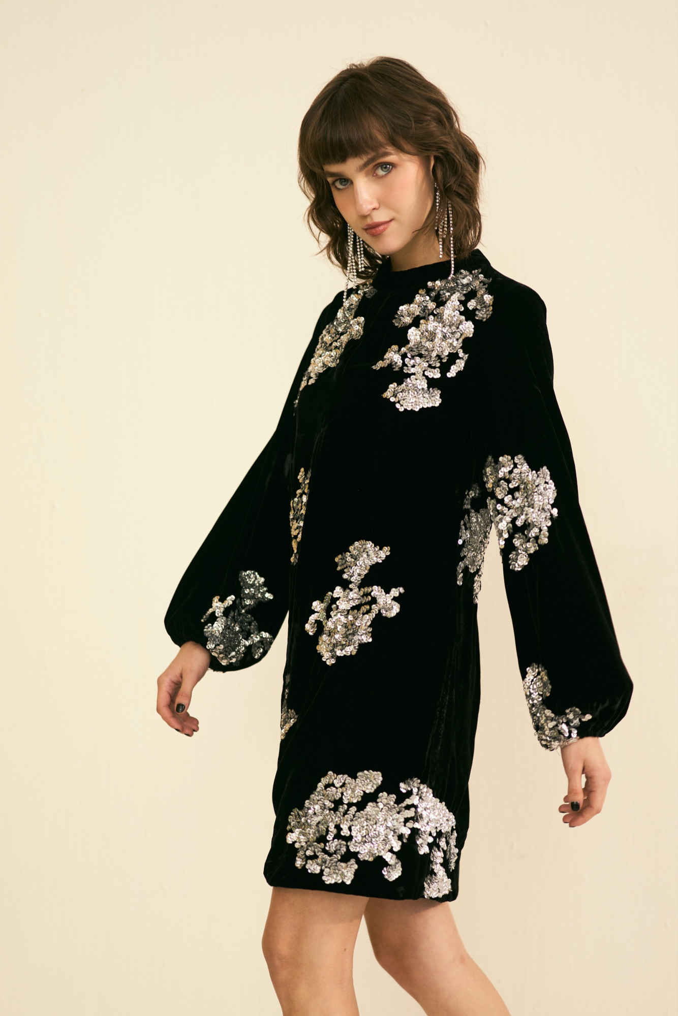 NOMADS BLACK VELVET PARTY DRESS WITH SILVER SEQUIN