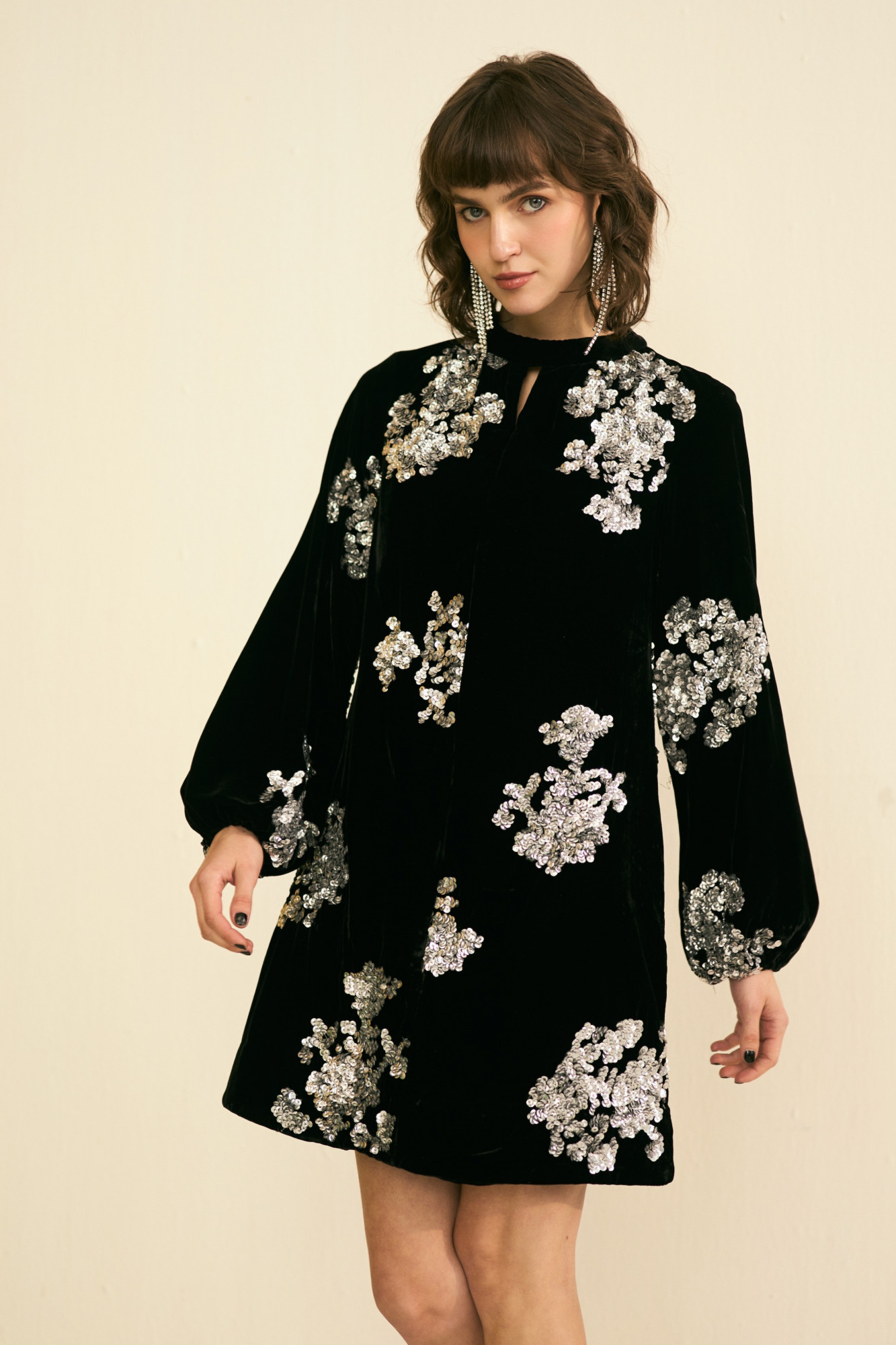 NOMADS BLACK VELVET PARTY DRESS WITH SILVER SEQUIN