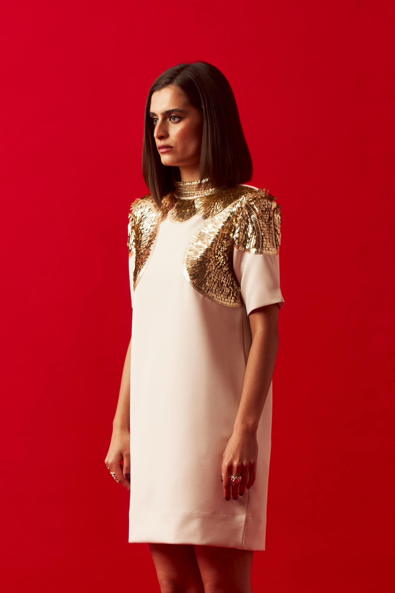 LEILA 02 CLEOPATRA CREAM DRESS WITH GOLD SEQUIN HAND EMBROIDERY