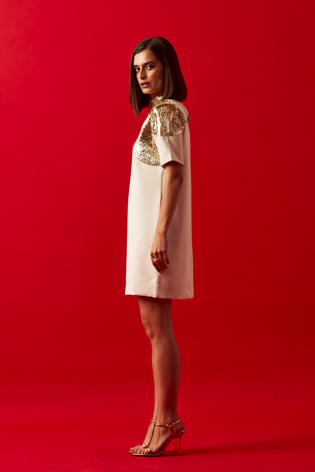 LEILA 02 CLEOPATRA CREAM DRESS WITH GOLD SEQUIN HAND EMBROIDERY