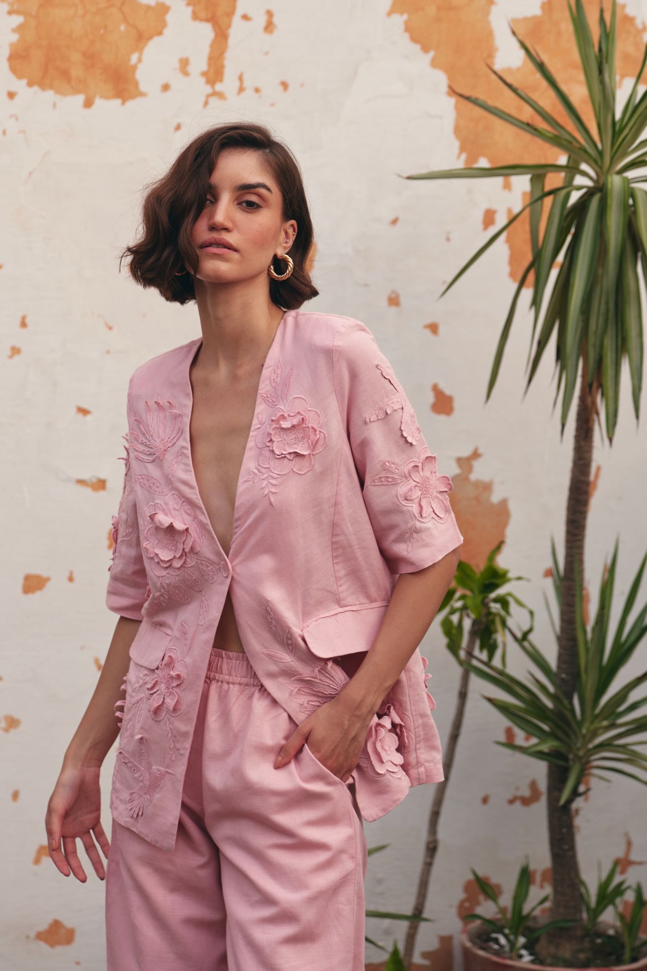 FLORENTINA LIGHT PINK COLOR EMBROIDERED HALF SLEEVES JACKET AND PANT SUMMER CO-ORDINATE