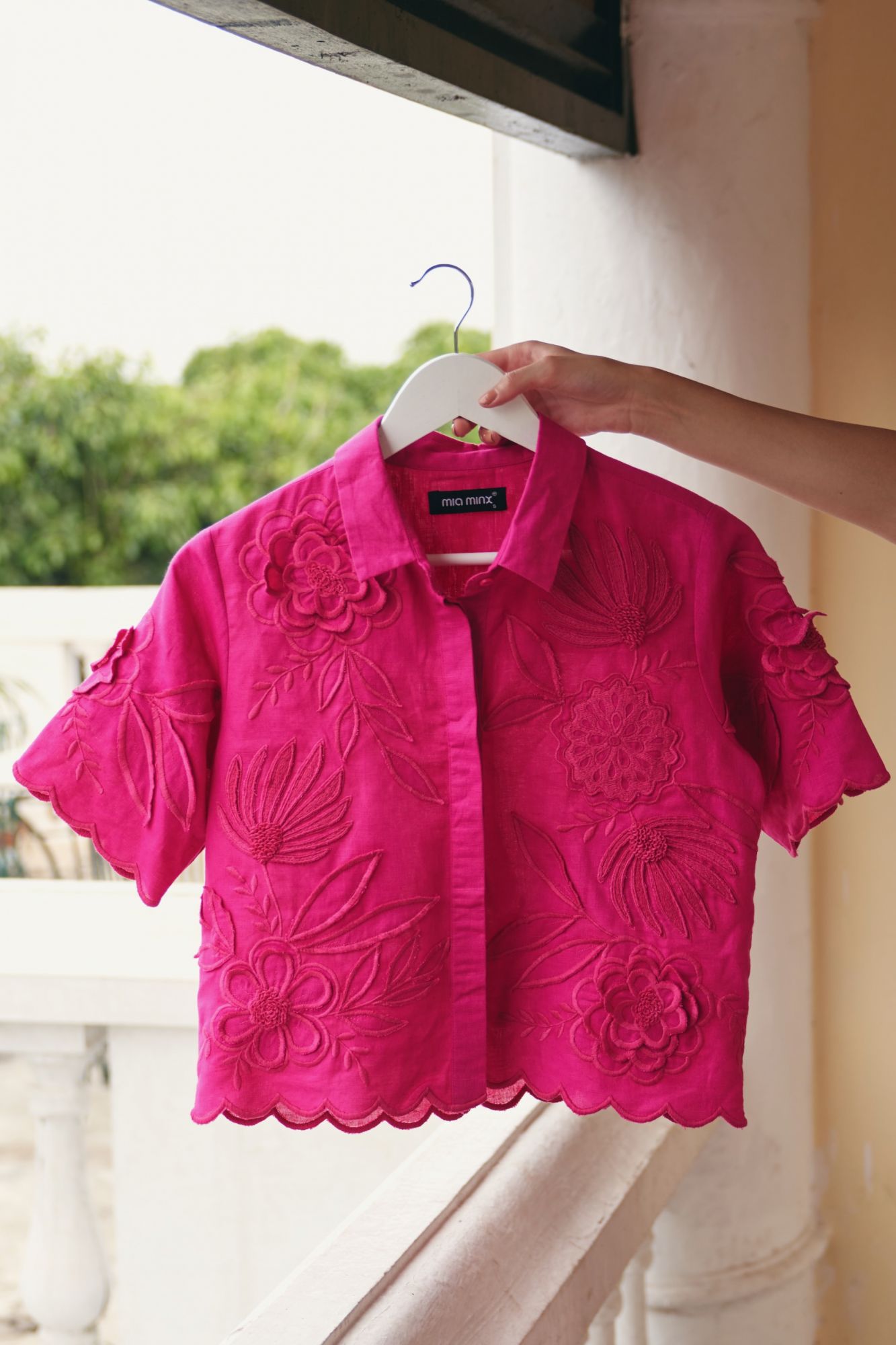 FLORENTINA SOLID FUCHSIA PINK COLOR ALL OVER FLORAL EMBROIDERY CROPPED LENGTH HALF SLEEVES SHIRT