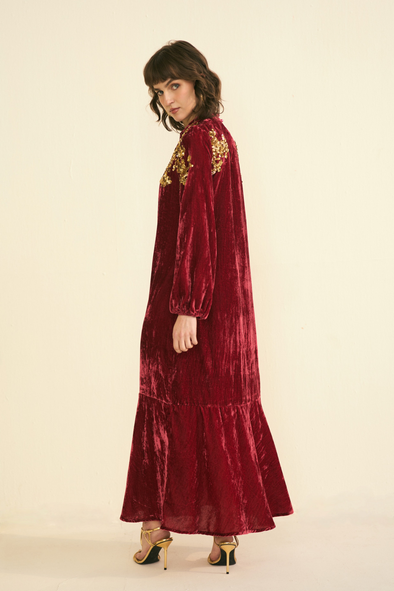 NOMADS MAROON VELVET LONG PARTY DRESS WITH GLIMMERS OF GOLD
