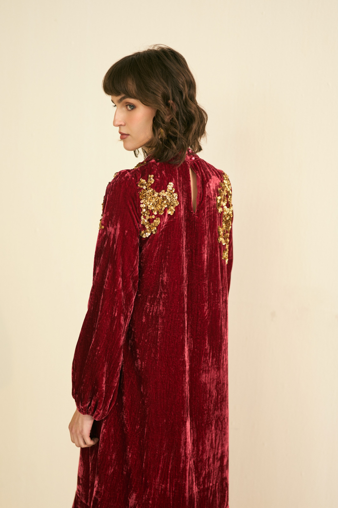 NOMADS MAROON VELVET LONG PARTY DRESS WITH GLIMMERS OF GOLD