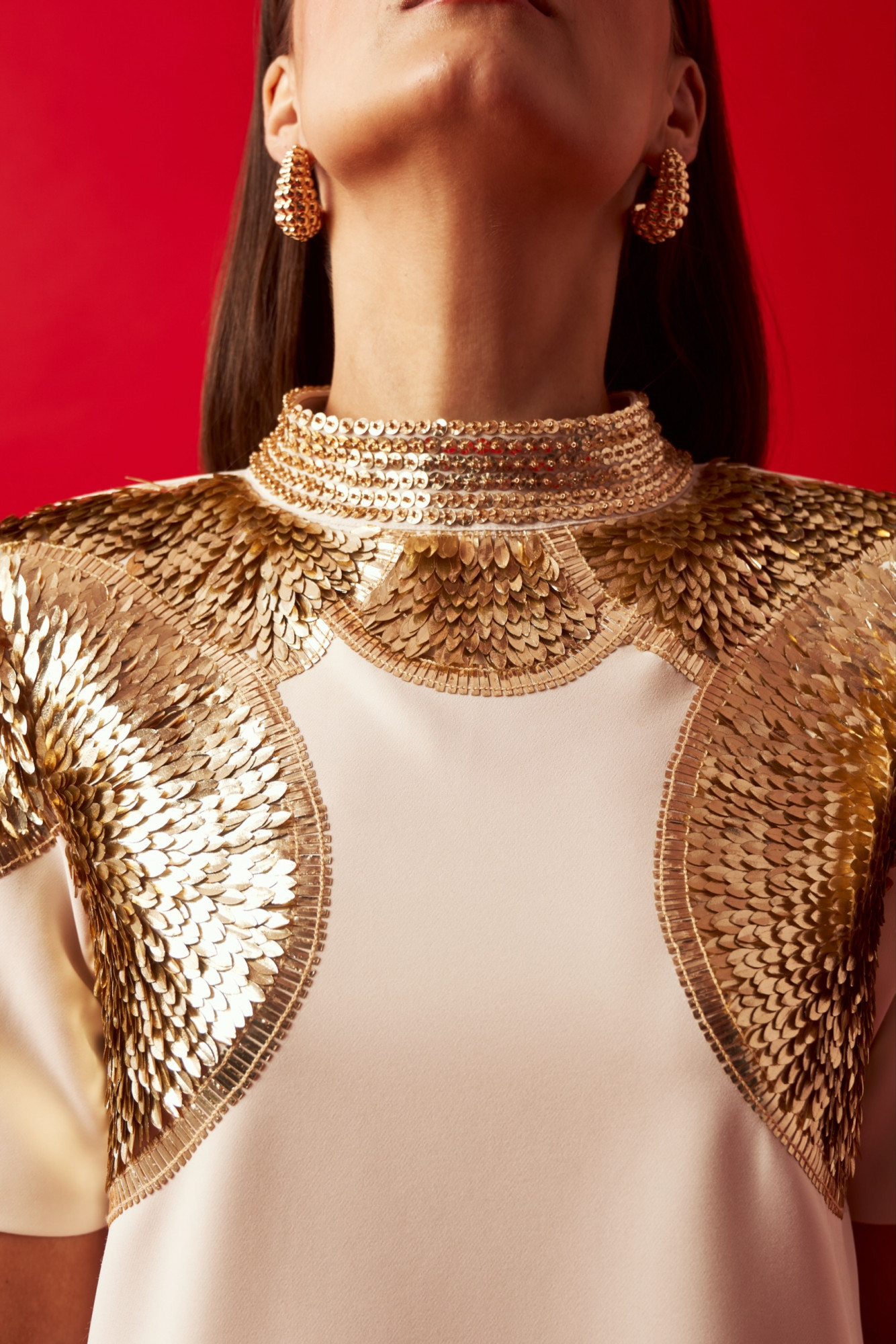 LEILA 02 CLEOPATRA CREAM DRESS WITH GOLD SEQUIN HAND EMBROIDERY