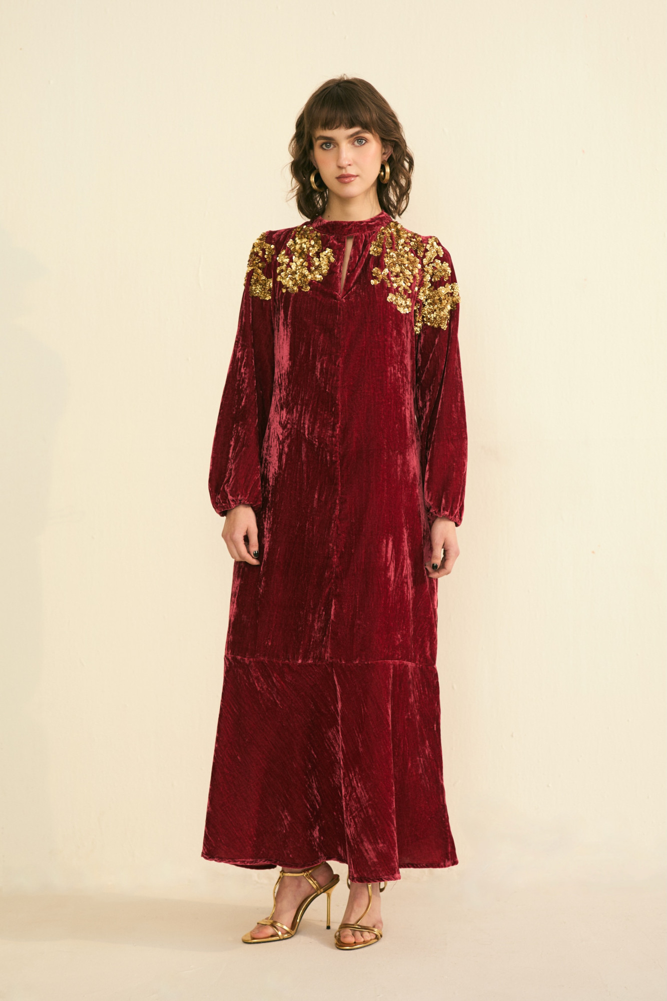 NOMADS MAROON VELVET LONG PARTY DRESS WITH GLIMMERS OF GOLD