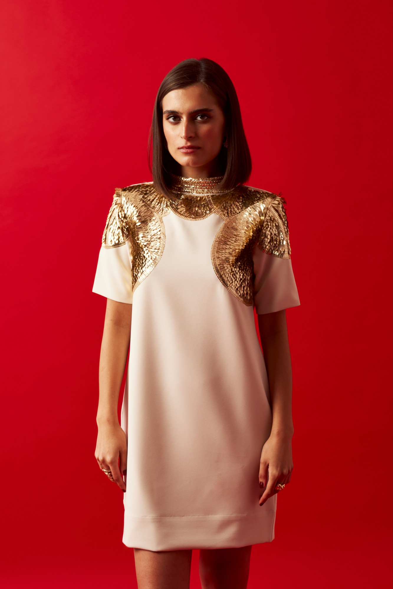 LEILA 02 CLEOPATRA CREAM DRESS WITH GOLD SEQUIN HAND EMBROIDERY