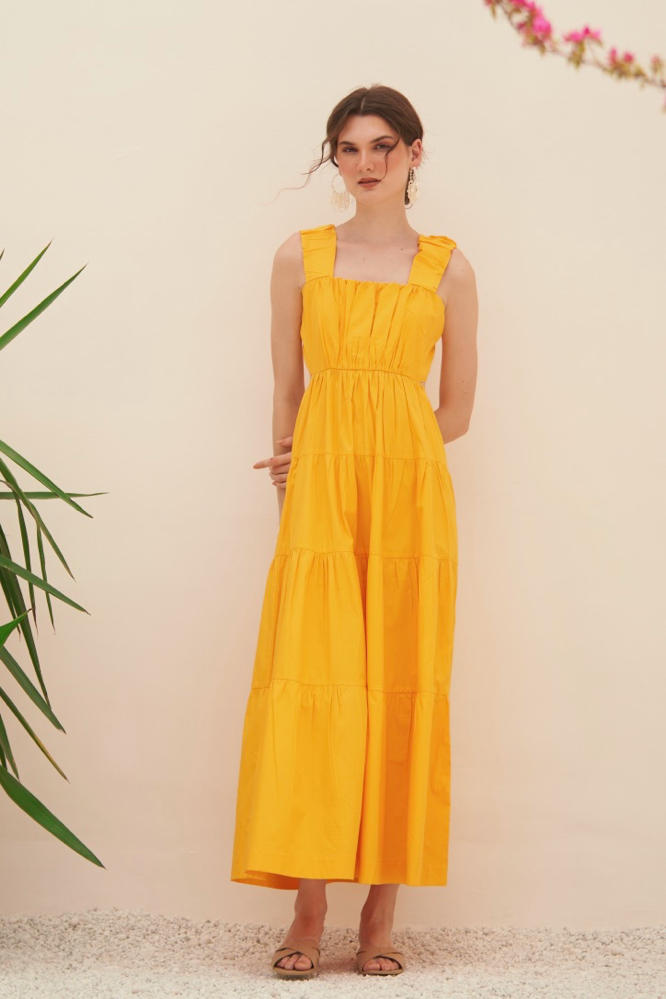 MALIBU COTTON POPLIN SOLID YELLOW COLOR MAXI LENGTH SLEEVELESS SUMMER TIER DRESS WITH BACK WAIST CUT