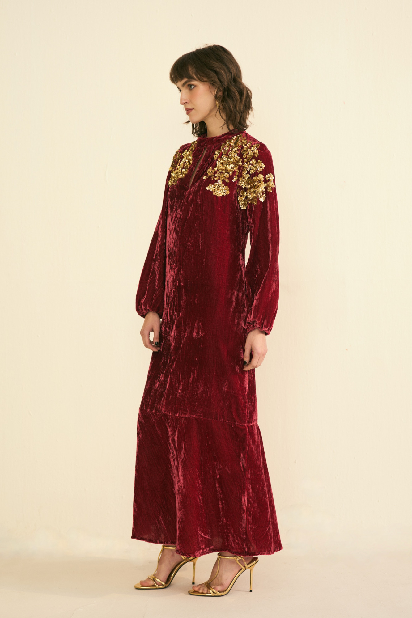 NOMADS MAROON VELVET LONG PARTY DRESS WITH GLIMMERS OF GOLD
