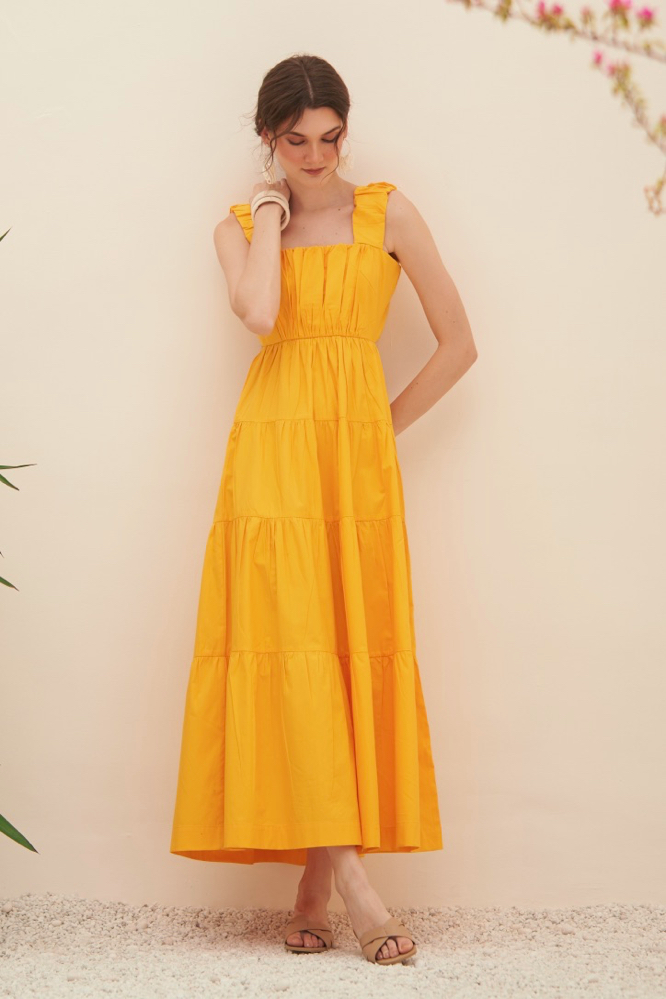 MALIBU COTTON POPLIN SOLID YELLOW COLOR MAXI LENGTH SLEEVELESS SUMMER TIER DRESS WITH BACK WAIST CUT