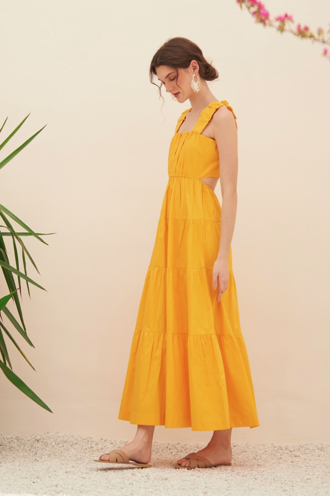 MALIBU COTTON POPLIN SOLID YELLOW COLOR MAXI LENGTH SLEEVELESS SUMMER TIER DRESS  WITH BACK WAIST CUT