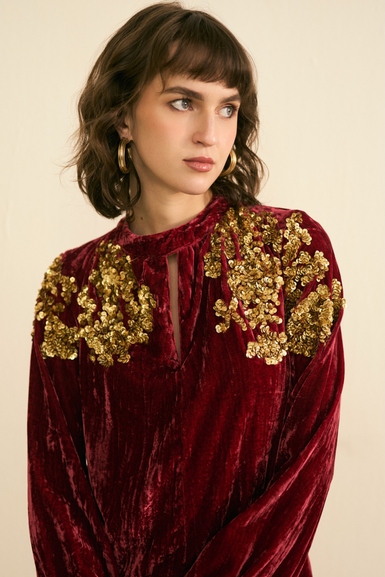 NOMADS MAROON VELVET LONG PARTY DRESS WITH GLIMMERS OF GOLD