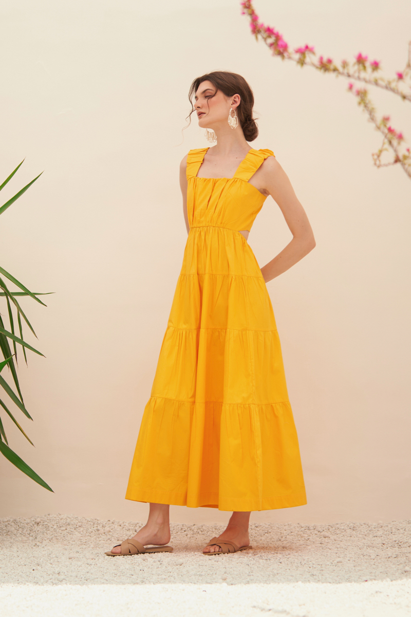MALIBU COTTON POPLIN SOLID YELLOW COLOR MAXI LENGTH SLEEVELESS SUMMER TIER DRESS WITH BACK WAIST CUT