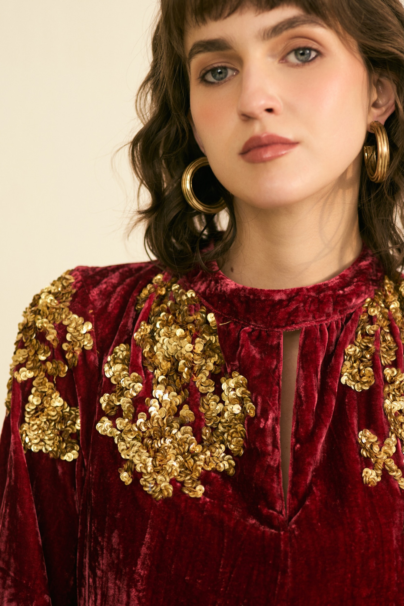 NOMADS MAROON VELVET LONG PARTY DRESS WITH GLIMMERS OF GOLD