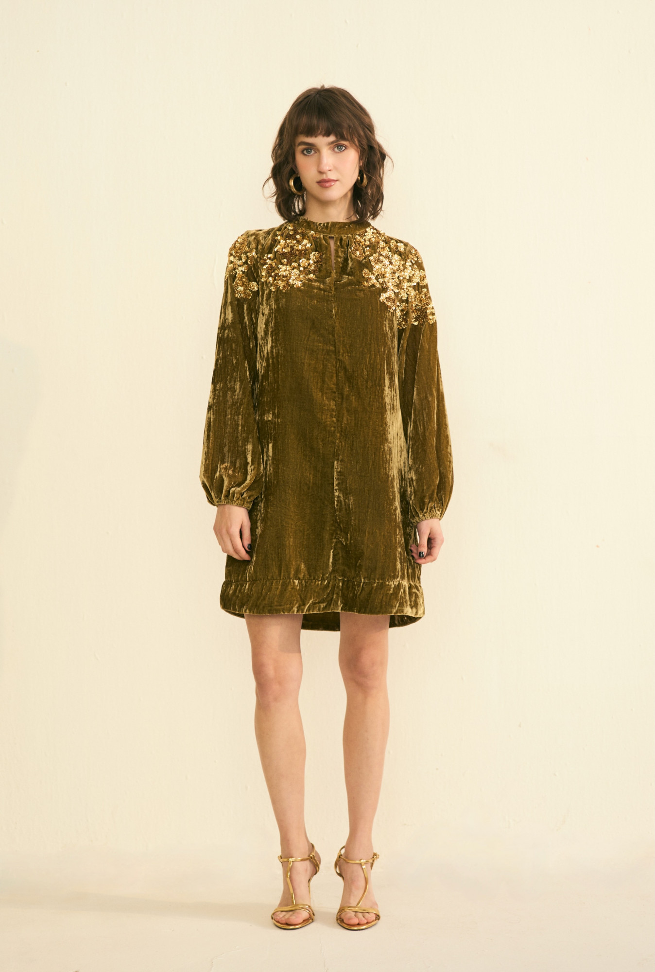 NOMADS OLIVE VELVET PARTY DRESS WITH GLIMMER OF GOLD