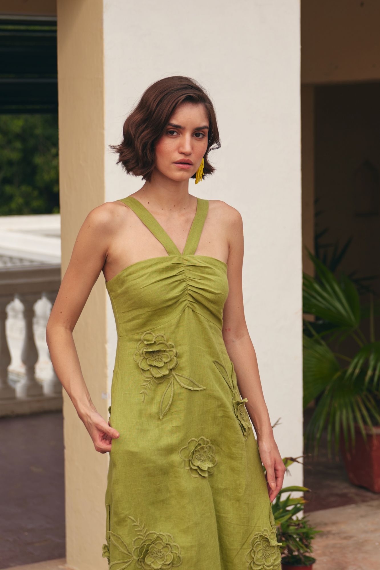 FLORENTINA OLIVE COLOR EMBROIDERED PURE LINEN FABRIC MIDI LENGTH LINED SUMMER DRESS