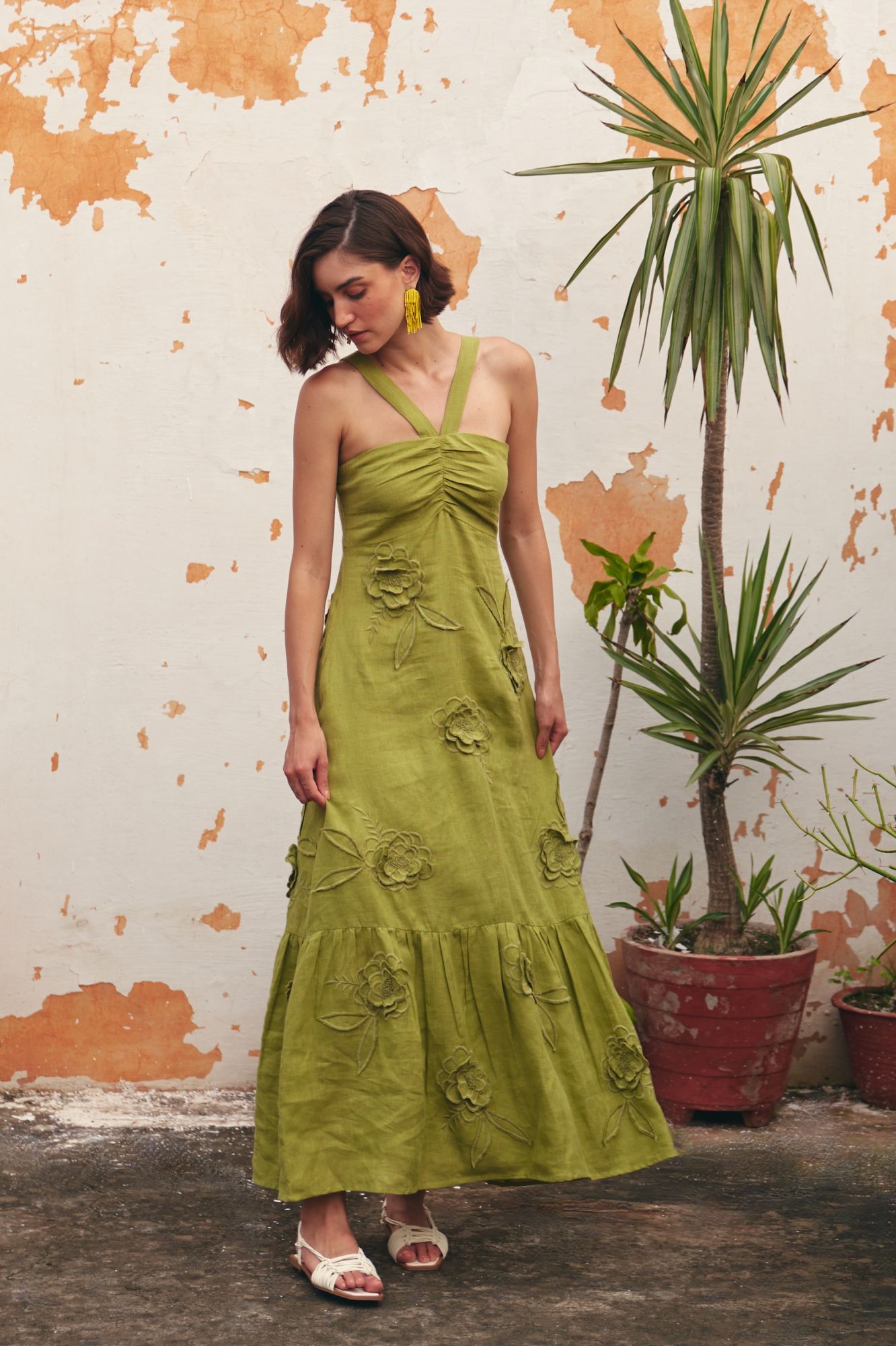 FLORENTINA OLIVE COLOR EMBROIDERED PURE LINEN FABRIC MIDI LENGTH LINED SUMMER DRESS
