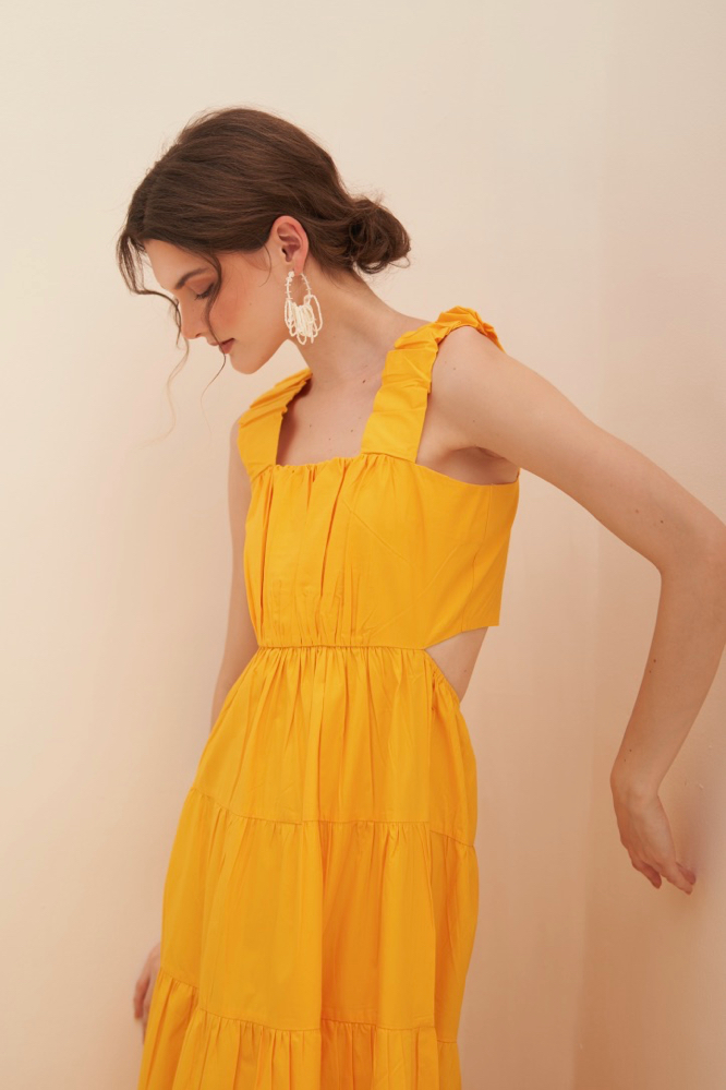 MALIBU COTTON POPLIN SOLID YELLOW COLOR MAXI LENGTH SLEEVELESS SUMMER TIER DRESS WITH BACK WAIST CUT