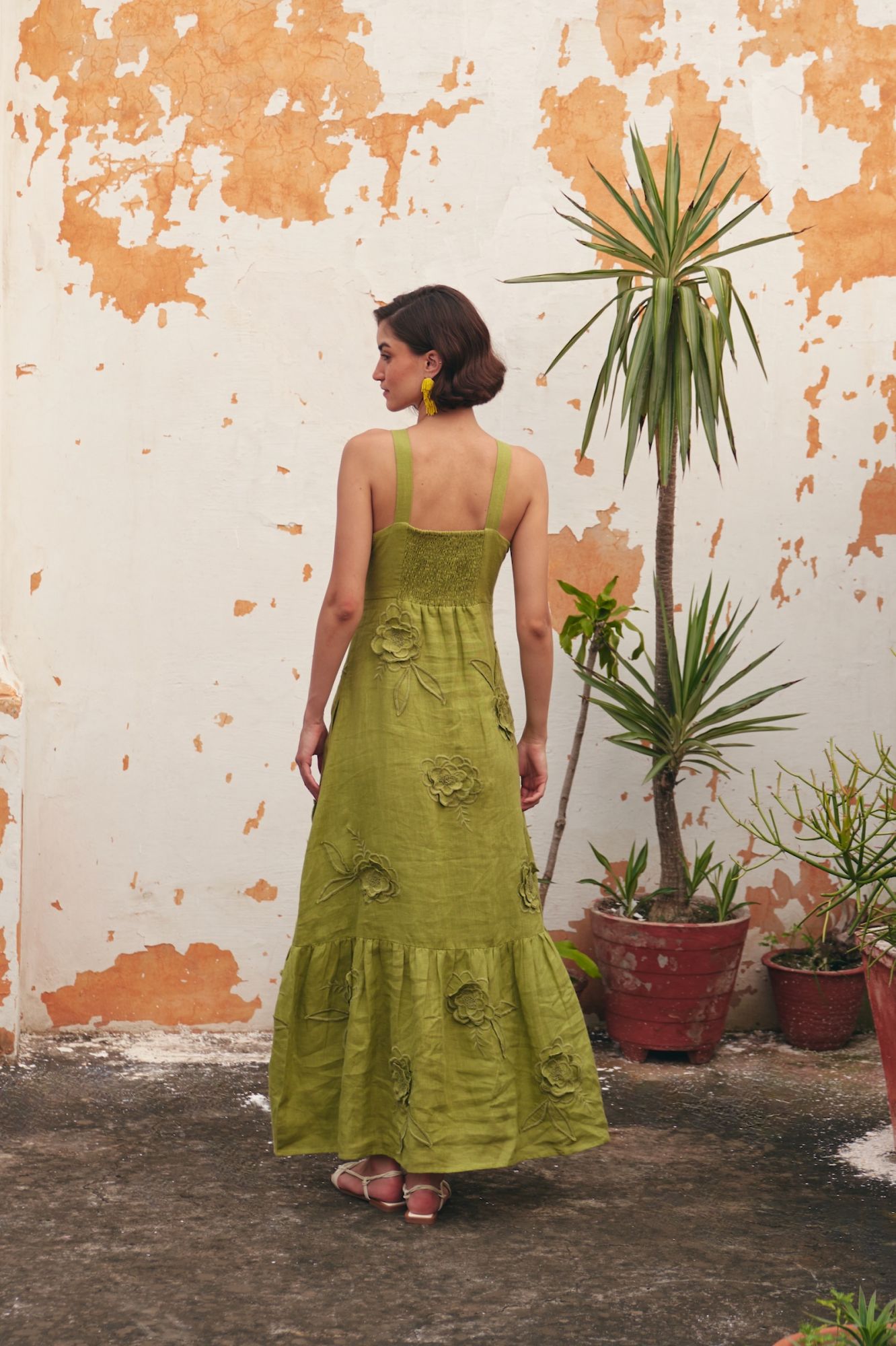 FLORENTINA OLIVE COLOR EMBROIDERED PURE LINEN FABRIC MIDI LENGTH LINED SUMMER DRESS
