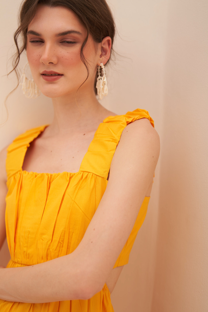 MALIBU COTTON POPLIN SOLID YELLOW COLOR MAXI LENGTH SLEEVELESS SUMMER TIER DRESS WITH BACK WAIST CUT