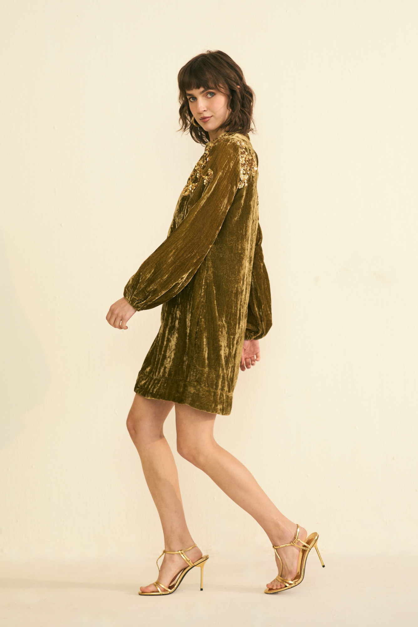 NOMADS OLIVE VELVET PARTY DRESS WITH GLIMMER OF GOLD