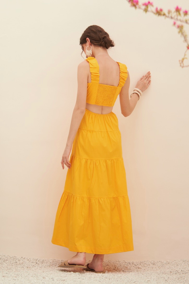 MALIBU COTTON POPLIN SOLID YELLOW COLOR MAXI LENGTH SLEEVELESS SUMMER TIER DRESS WITH BACK WAIST CUT