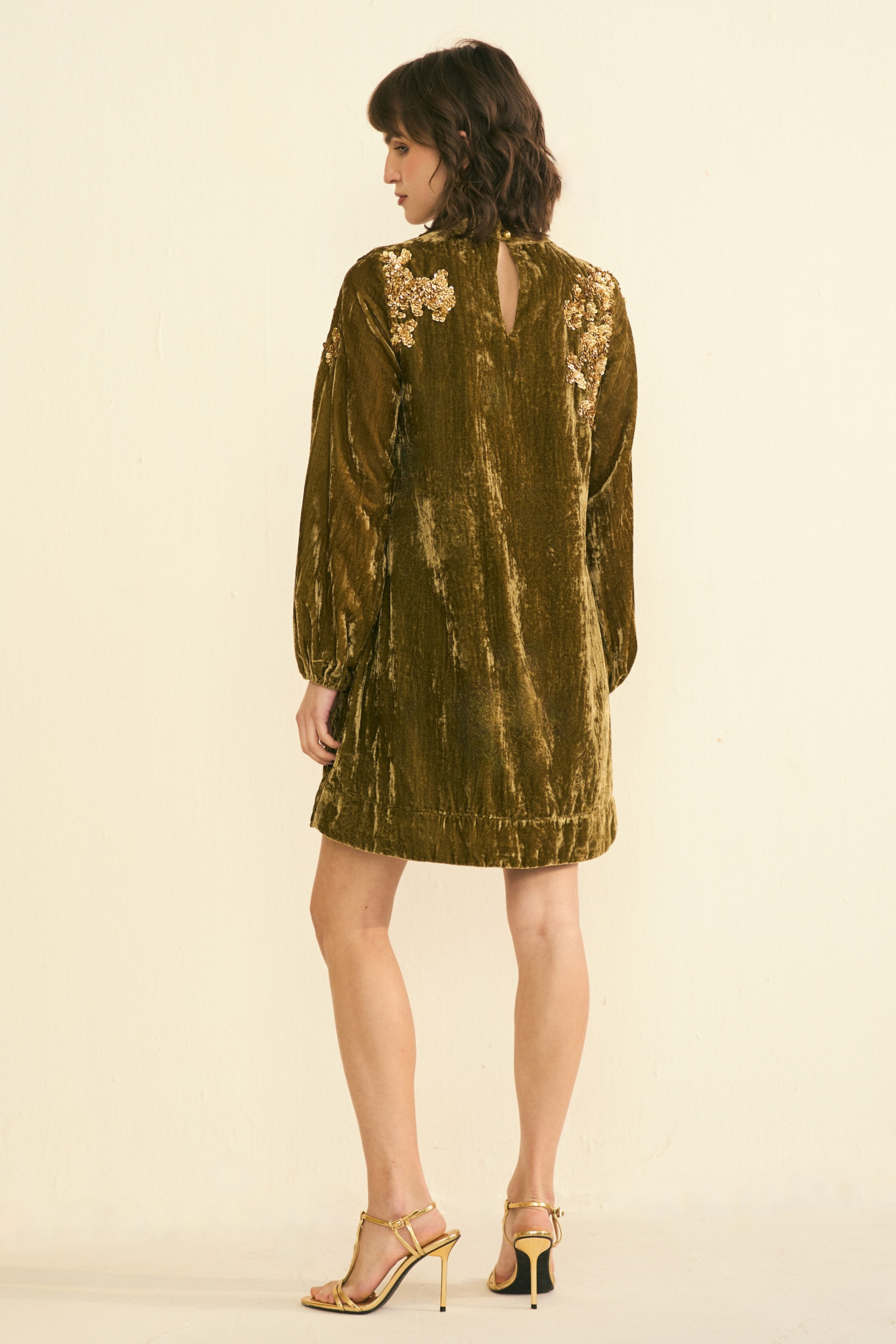 NOMADS OLIVE VELVET PARTY DRESS WITH GLIMMER OF GOLD