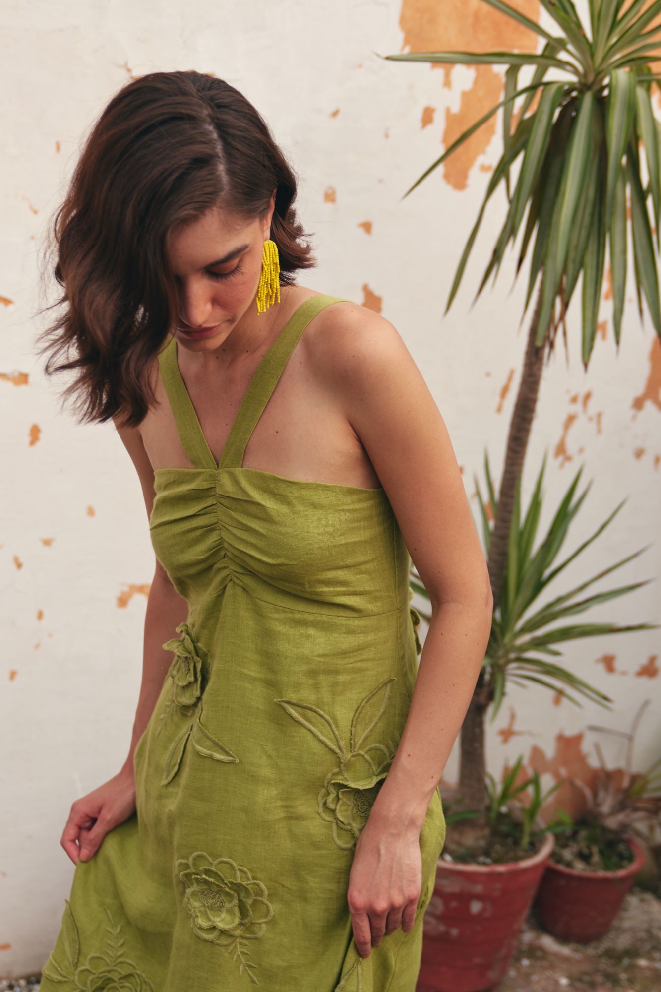 FLORENTINA OLIVE COLOR EMBROIDERED PURE LINEN FABRIC MIDI LENGTH LINED SUMMER DRESS
